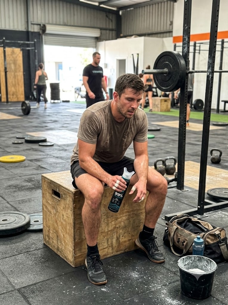 Athlete in workout gear resting on gym box holding YU Oxygen Canister