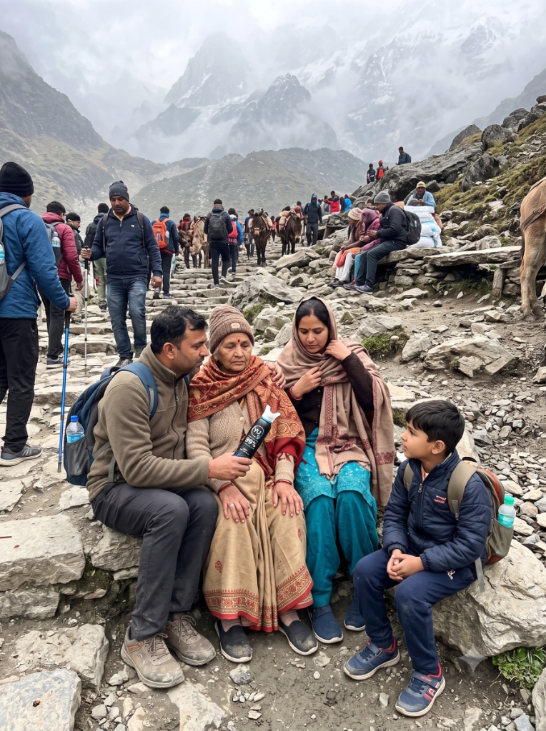 Family caring for elderly mother on high-altitude Himalayan pilgrimage yatra trail with YU Canister