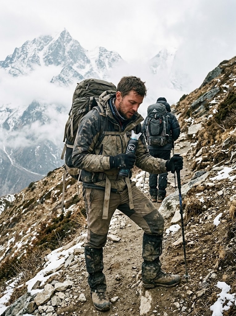 Trekker holding YU 99% Pure Oxygen Canister on Himalayan Mountain Trail