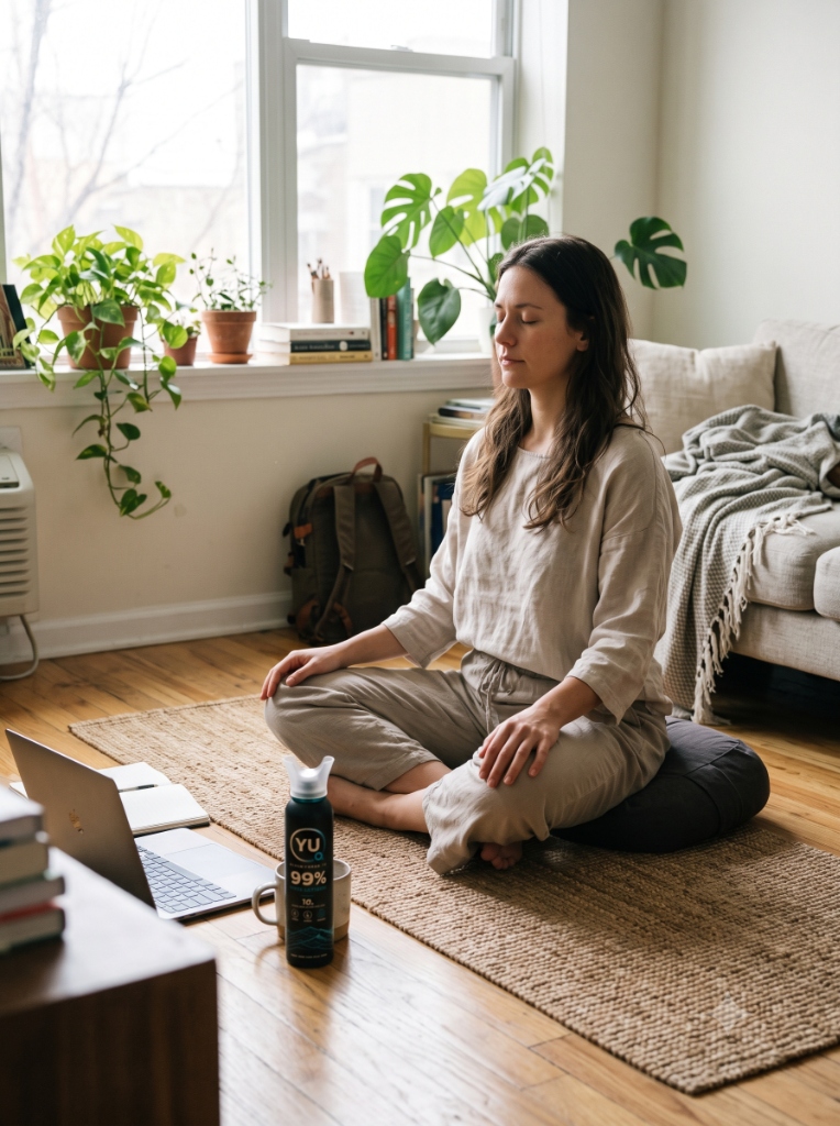Mindful breathing meditation ritual with YU Canister in sunlit living room